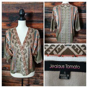Jealous Tomato Kimono Top Size S Bohemian Hippie Green Faux Suede Half Sleeve